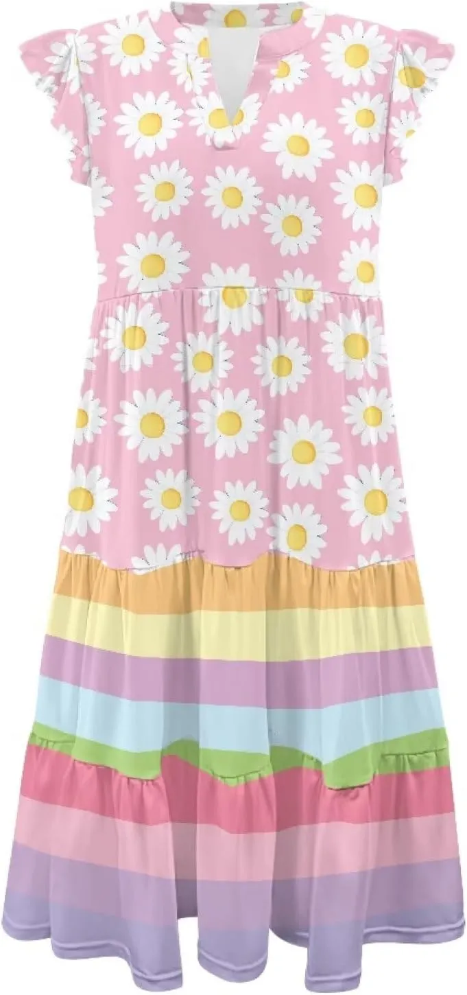 Youngerbaby Women Summer Dresses Midi Dress Flutter Sleeve Tiered Beach Dresses