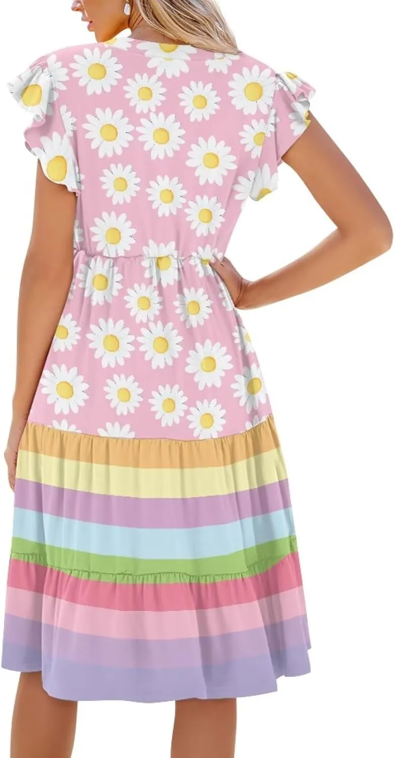 Youngerbaby Women Summer Dresses Midi Dress Flutter Sleeve Tiered Beach Dresses