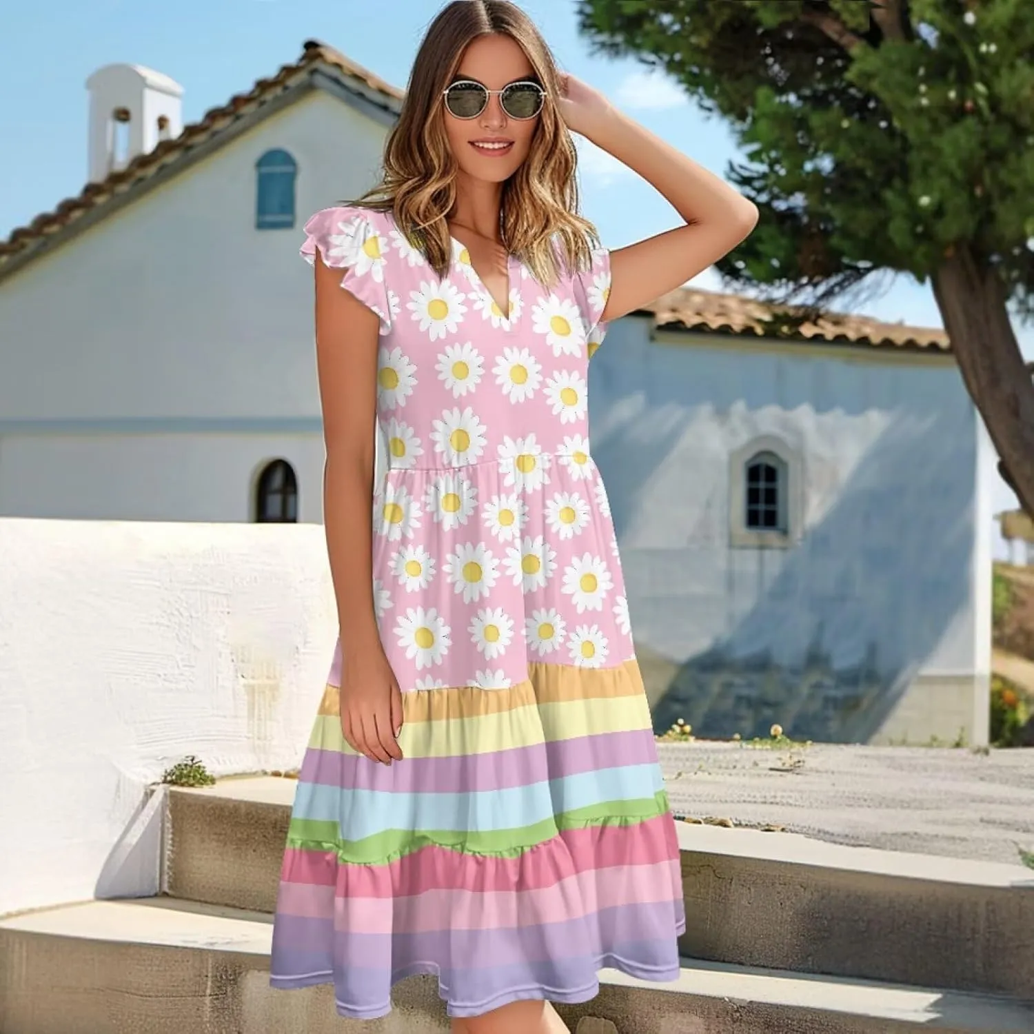 Youngerbaby Women Summer Dresses Midi Dress Flutter Sleeve Tiered Beach Dresses