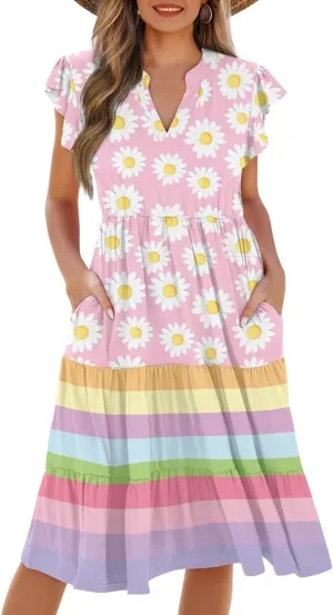 Youngerbaby Women Summer Dresses Midi Dress Flutter Sleeve Tiered Beach Dresses