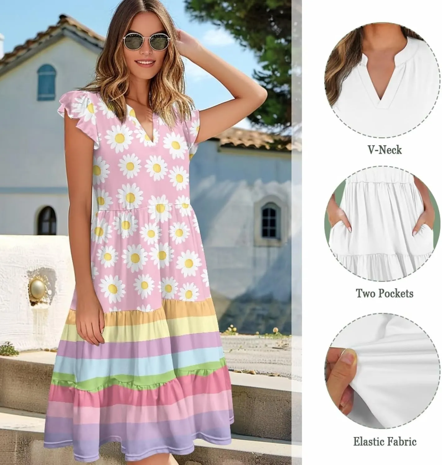 Youngerbaby Women Summer Dresses Midi Dress Flutter Sleeve Tiered Beach Dresses