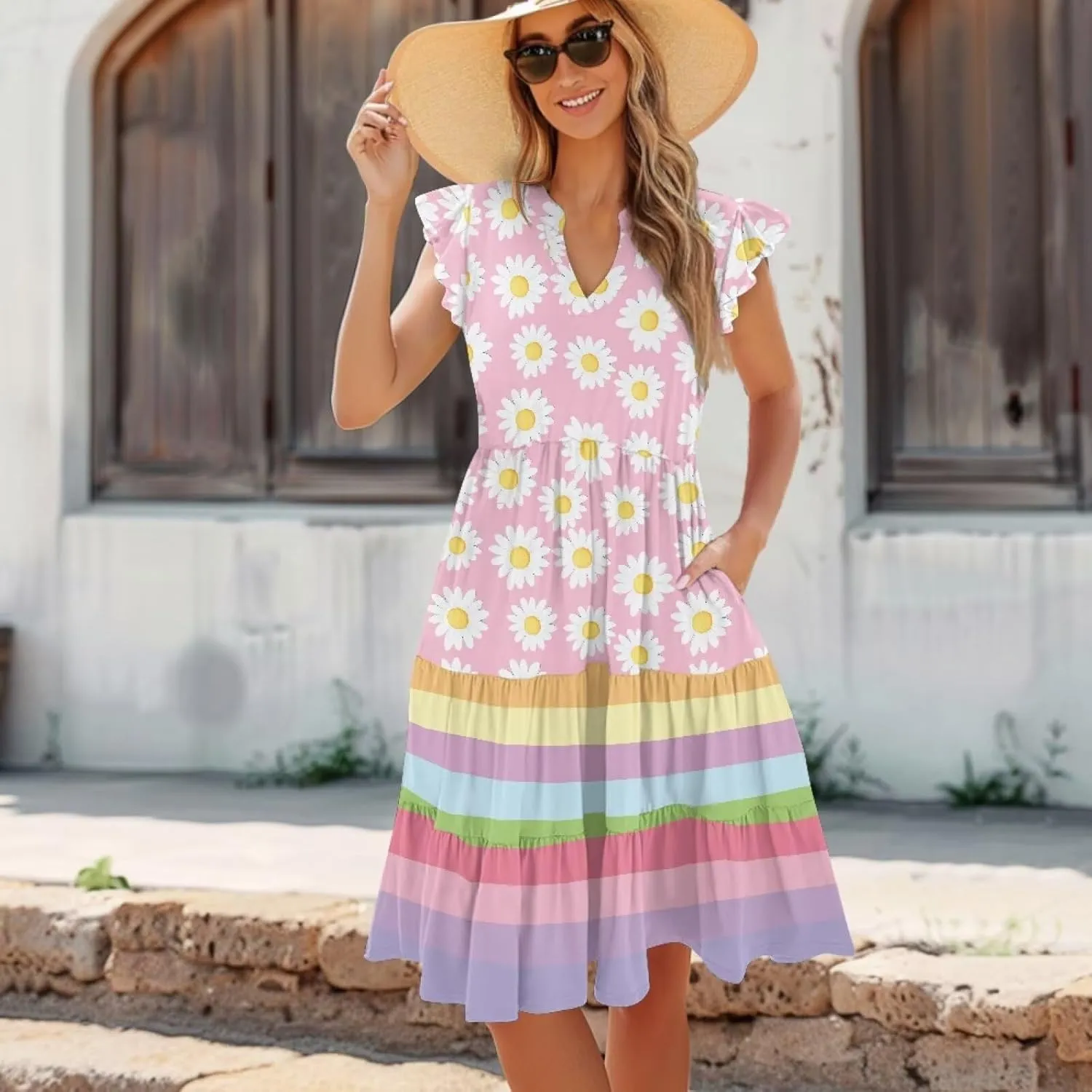 Youngerbaby Women Summer Dresses Midi Dress Flutter Sleeve Tiered Beach Dresses