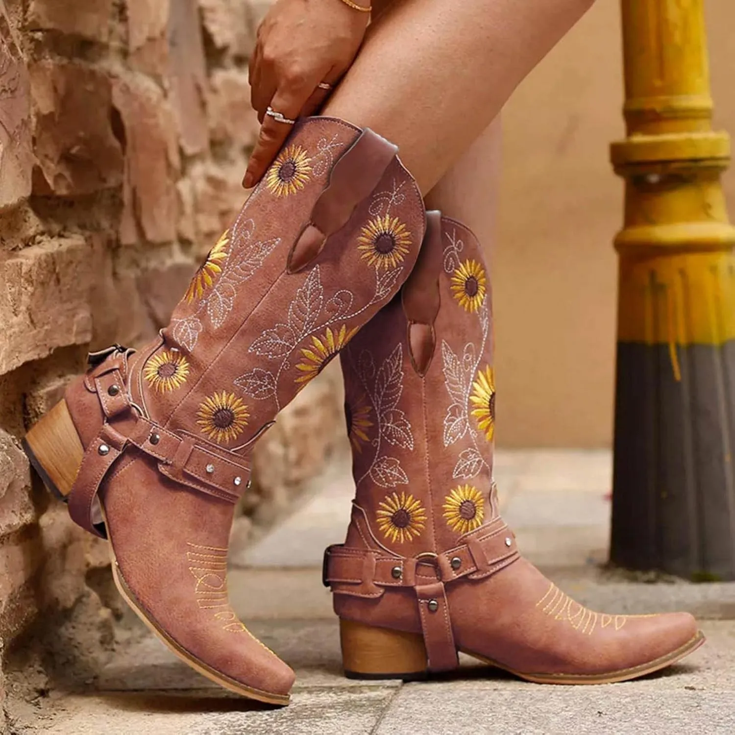 ZBYY Women Sunflower Embroidered Cowgirl Boots Square Toe Retro Western Boots Chunky Heels Pull On Mid Calf Booties