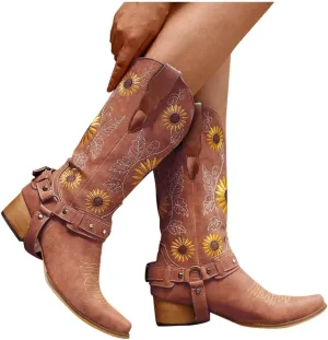 ZBYY Women Sunflower Embroidered Cowgirl Boots Square Toe Retro Western Boots Chunky Heels Pull On Mid Calf Booties