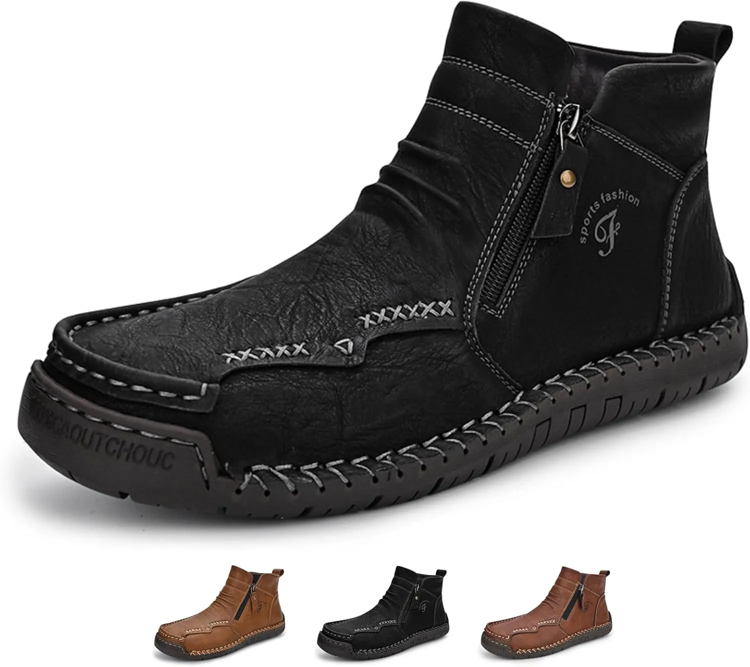 Zeberfi Men's Waterproof Leather Chukka Ankle Boots for Hiking Camping & Driving Fashion Retro Side Zip Hand Stitched High Top Outdoor Walking Sneakers Optional Warm Velvet Lining Snow Boots