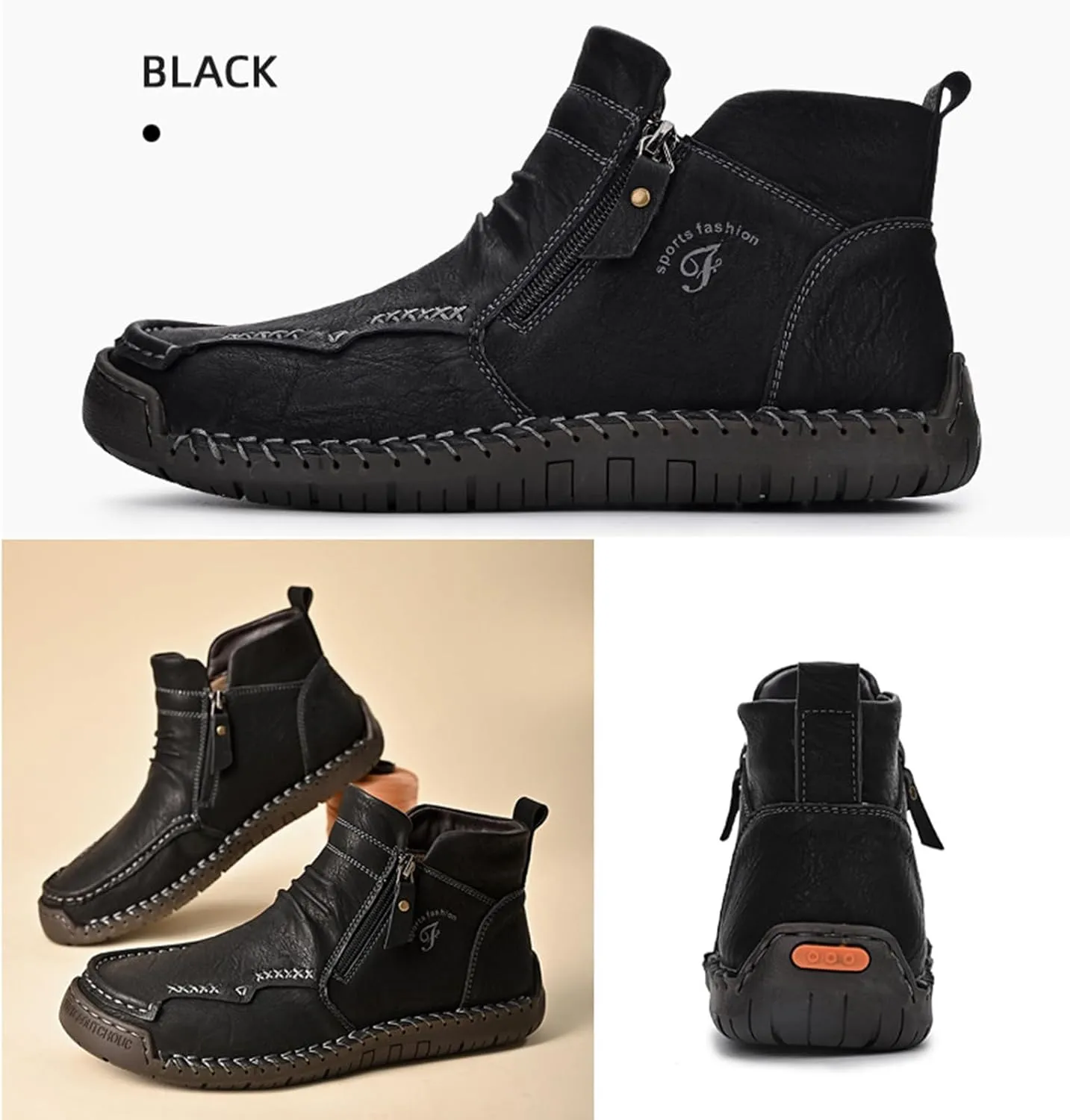 Zeberfi Men's Waterproof Leather Chukka Ankle Boots for Hiking Camping & Driving Fashion Retro Side Zip Hand Stitched High Top Outdoor Walking Sneakers Optional Warm Velvet Lining Snow Boots