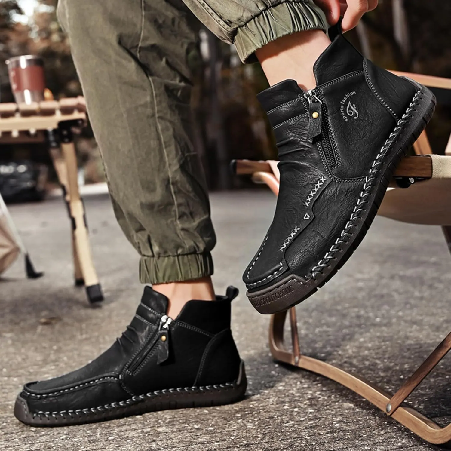 Zeberfi Men's Waterproof Leather Chukka Ankle Boots for Hiking Camping & Driving Fashion Retro Side Zip Hand Stitched High Top Outdoor Walking Sneakers Optional Warm Velvet Lining Snow Boots