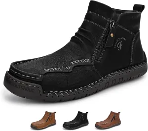 Zeberfi Men's Waterproof Leather Chukka Ankle Boots for Hiking Camping & Driving Fashion Retro Side Zip Hand Stitched High Top Outdoor Walking Sneakers Optional Warm Velvet Lining Snow Boots
