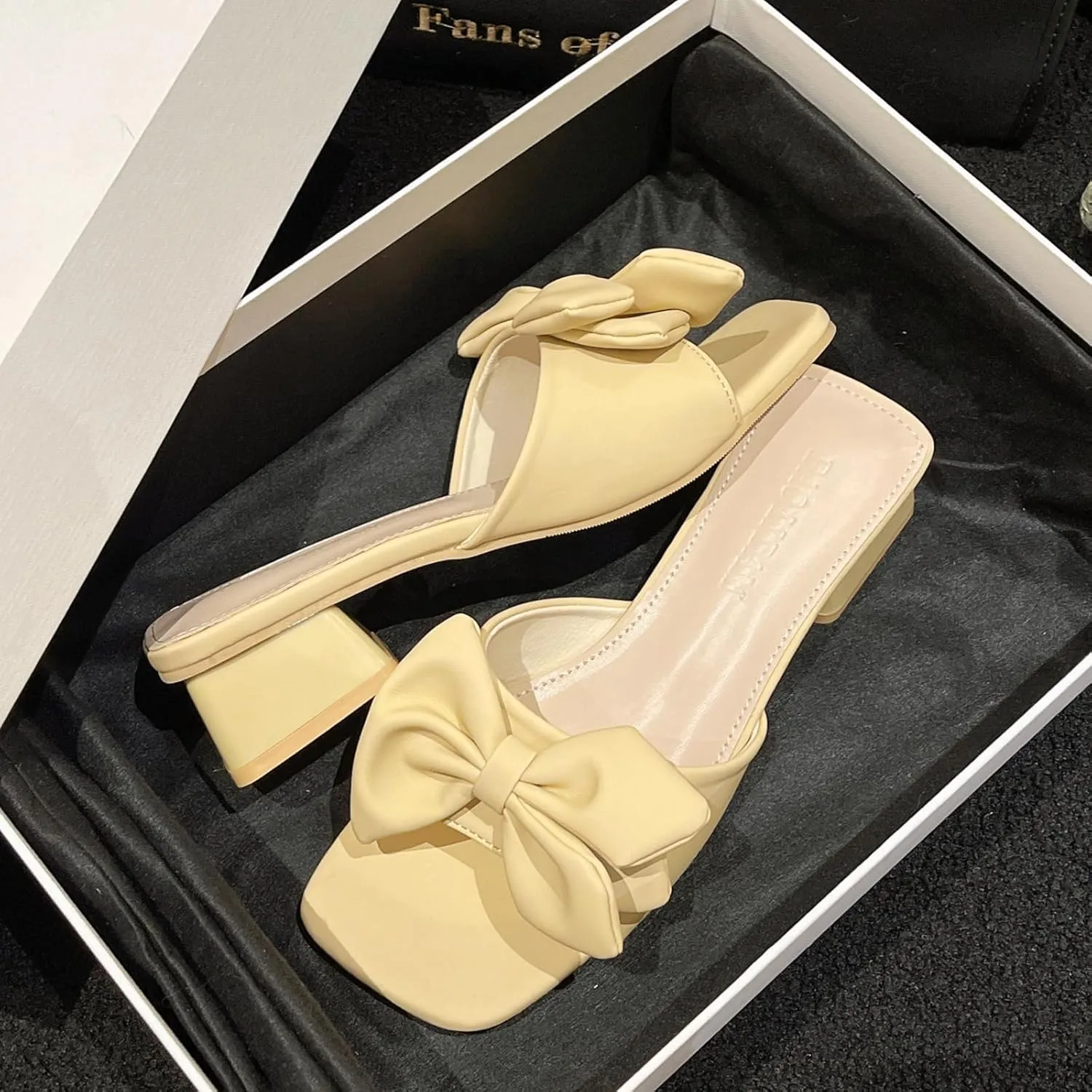 Zeberfi Women's Bow Tie Chunky Heel Sandals Fashion Cute Open Square Toe Slip On Low Block Heel Slide Sandals Summer Wedding Dress Shoes Pumps