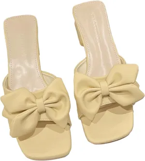 Zeberfi Women's Bow Tie Chunky Heel Sandals Fashion Cute Open Square Toe Slip On Low Block Heel Slide Sandals Summer Wedding Dress Shoes Pumps