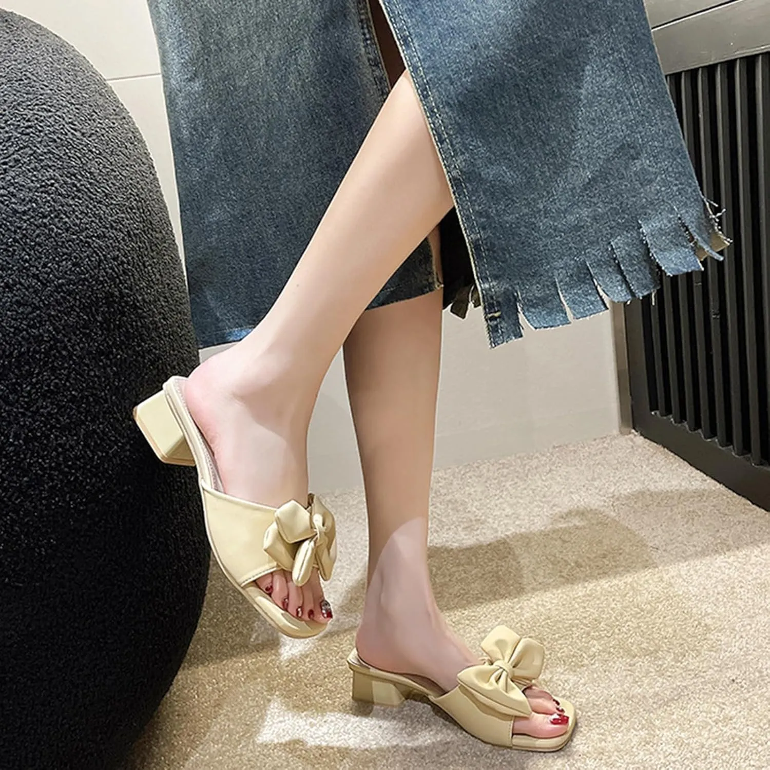 Zeberfi Women's Bow Tie Chunky Heel Sandals Fashion Cute Open Square Toe Slip On Low Block Heel Slide Sandals Summer Wedding Dress Shoes Pumps