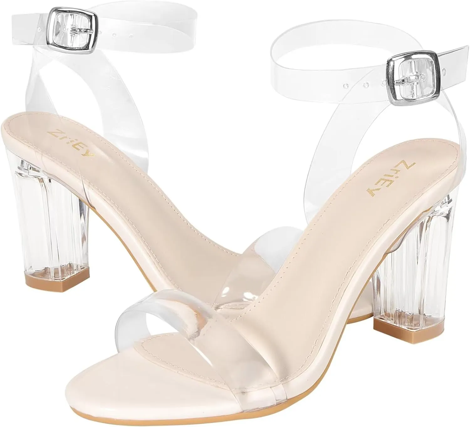 ZriEy Clear Block Sandals Chunky Heels for Women 3.35 Inch Open Toe Adjustable Ankle Strap Pump Sandals for Weddings Parties Daily Wear