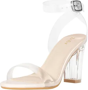 ZriEy Clear Block Sandals Chunky Heels for Women 3.35 Inch Open Toe Adjustable Ankle Strap Pump Sandals for Weddings Parties Daily Wear