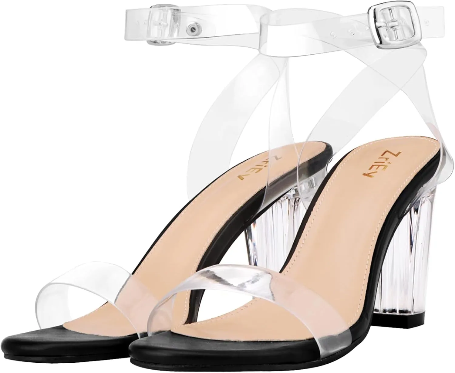 ZriEy Clear Block Sandals Chunky Heels for Women 3.35 Inch Open Toe Adjustable Ankle Strap Pump Sandals for Weddings Parties Daily Wear