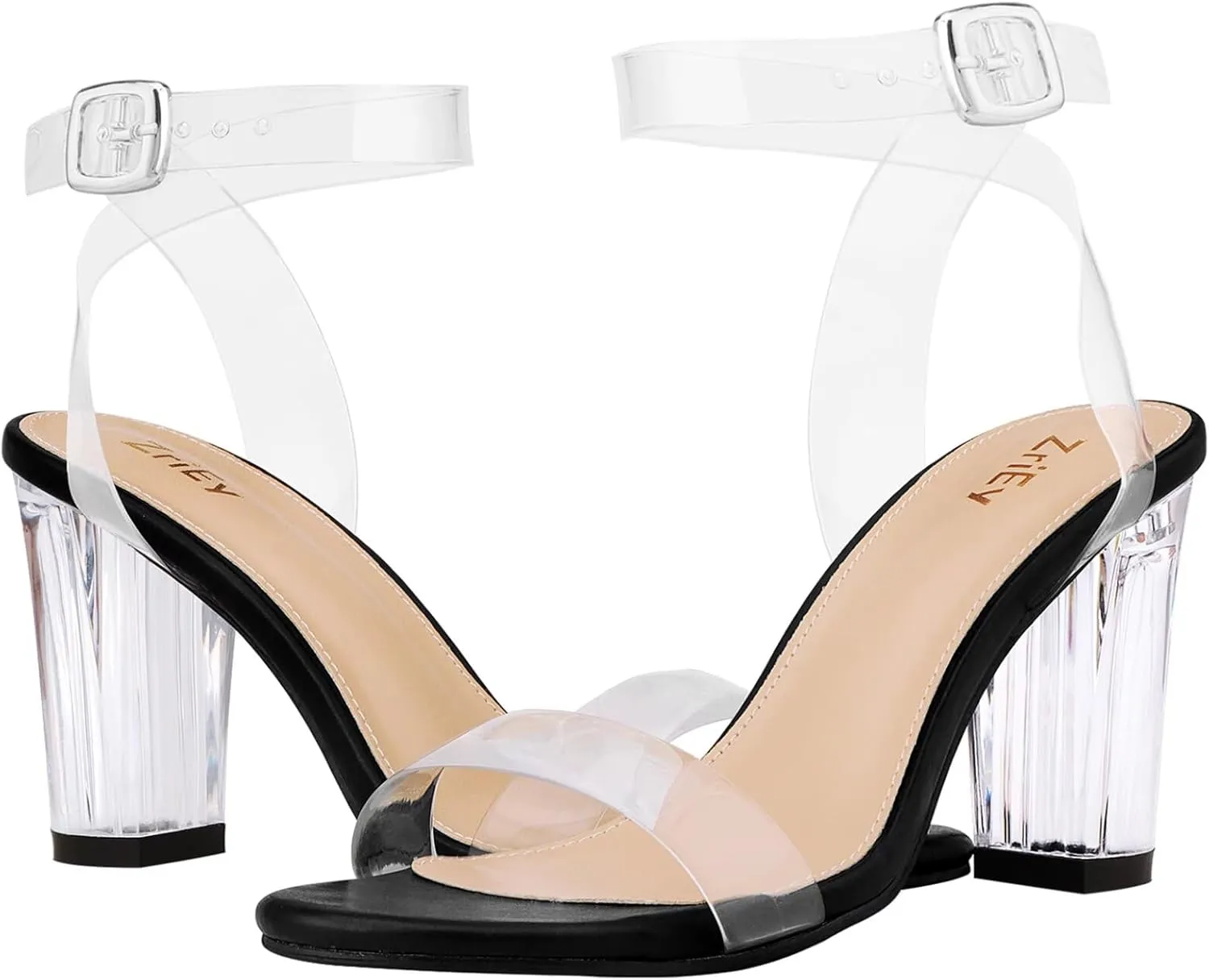 ZriEy Clear Block Sandals Chunky Heels for Women 3.35 Inch Open Toe Adjustable Ankle Strap Pump Sandals for Weddings Parties Daily Wear