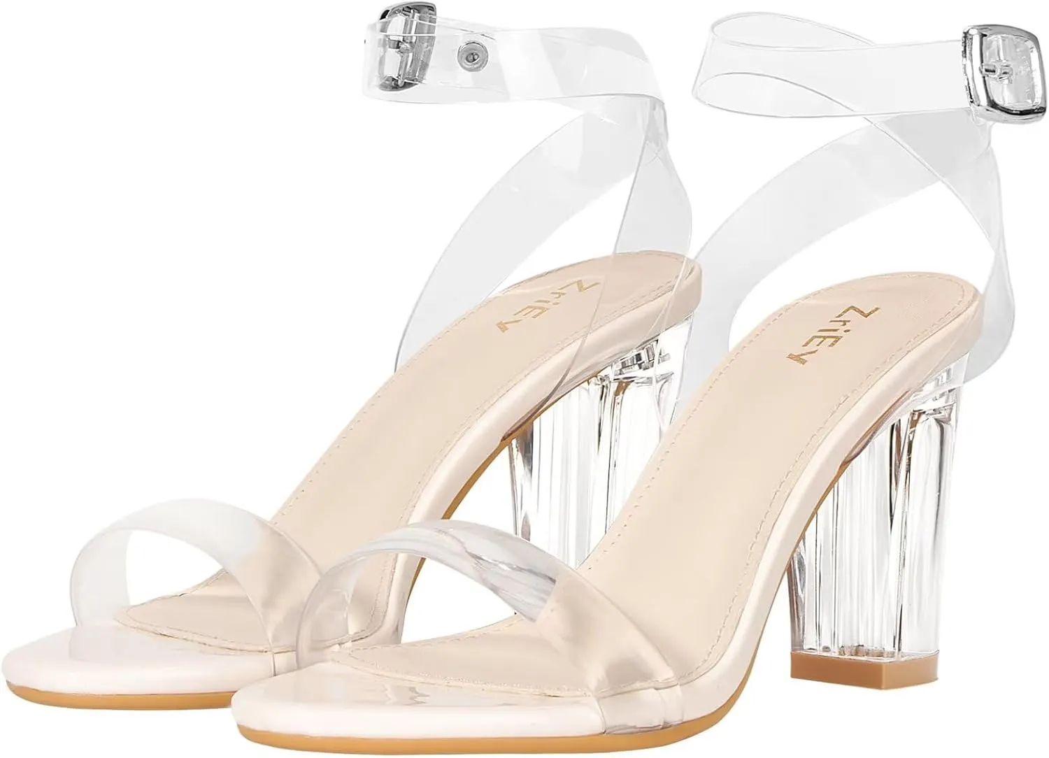 ZriEy Clear Block Sandals Chunky Heels for Women 3.35 Inch Open Toe Adjustable Ankle Strap Pump Sandals for Weddings Parties Daily Wear