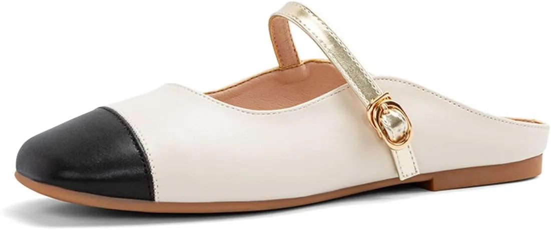 Zszszsu Women's Black Square Cap Toe Mary Jane Flats Single Buckle Strap Mules Shoes Slip On Comfy Slipper Sandals Size 4-16 US