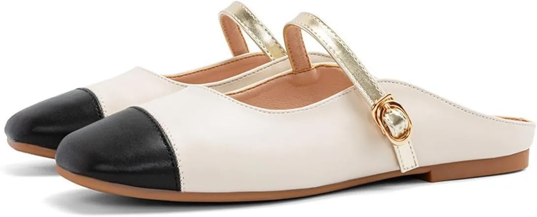 Zszszsu Women's Black Square Cap Toe Mary Jane Flats Single Buckle Strap Mules Shoes Slip On Comfy Slipper Sandals Size 4-16 US