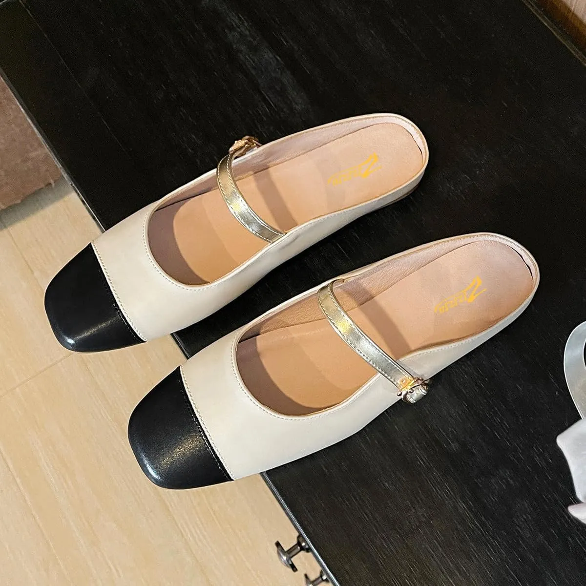 Zszszsu Women's Black Square Cap Toe Mary Jane Flats Single Buckle Strap Mules Shoes Slip On Comfy Slipper Sandals Size 4-16 US